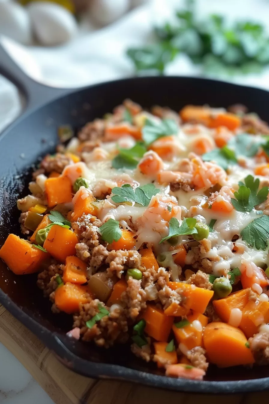 Savory ground turkey and roasted sweet potato dish in a black skillet, finished with fresh herbs and melted cheese.