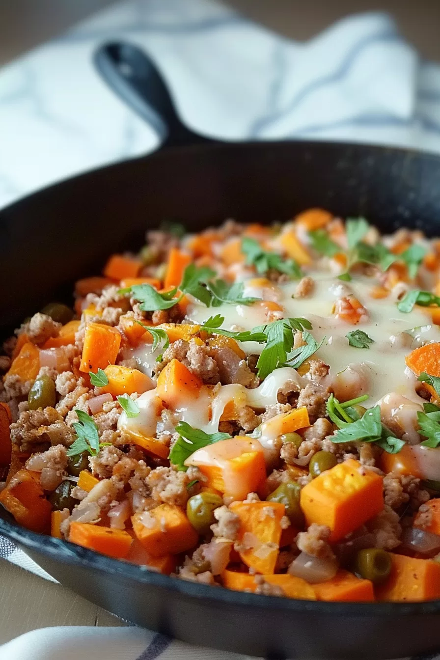 A cozy one-pan dinner featuring ground turkey, tender sweet potatoes, and vegetables, finished with parsley and a cheesy topping.