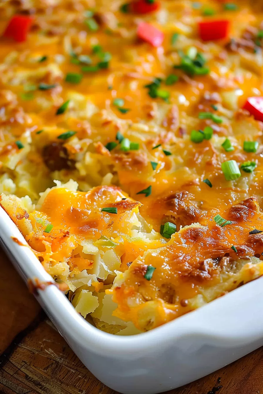 Close-up of a cheesy breakfast casserole topped with diced red peppers and green onions in a white baking dish.