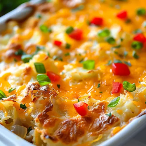 A serving spoon scooping a portion of cheesy hash brown egg bake with sausage crumbles and chopped veggies.