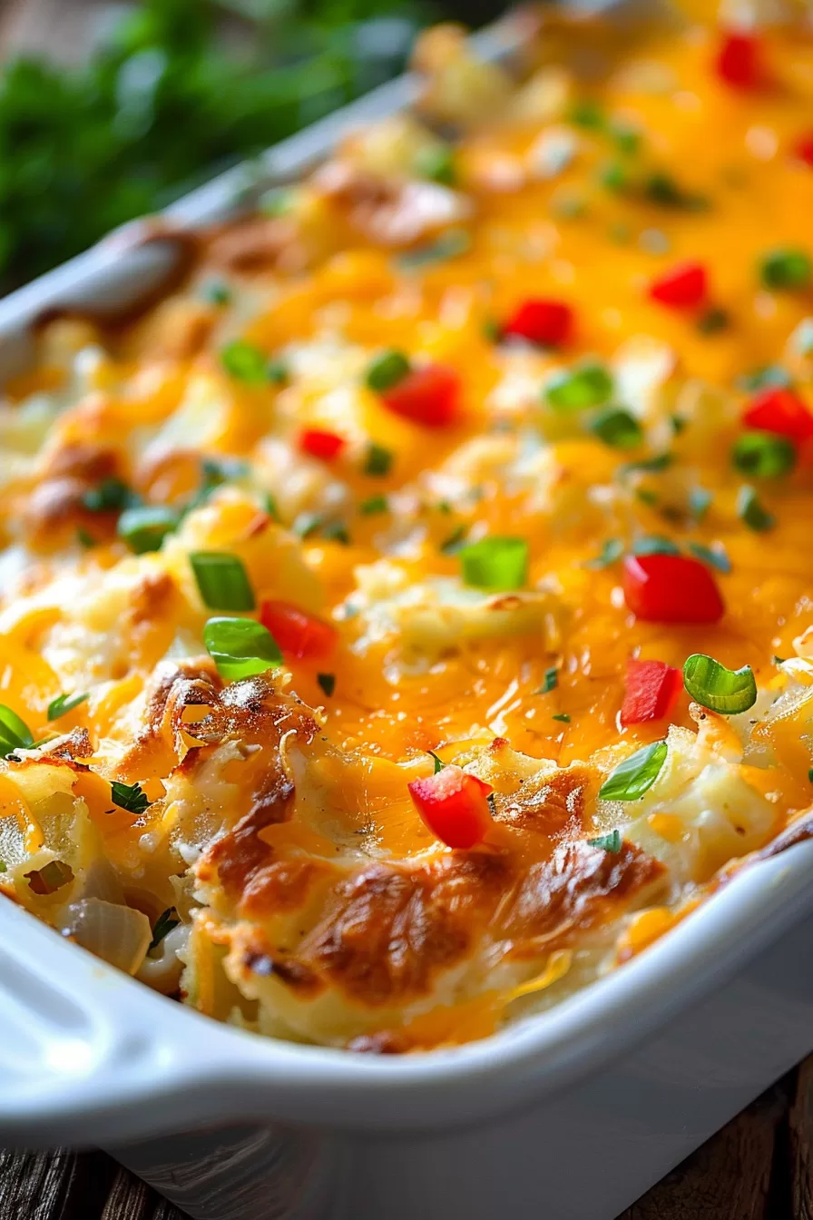 A serving spoon scooping a portion of cheesy hash brown egg bake with sausage crumbles and chopped veggies.