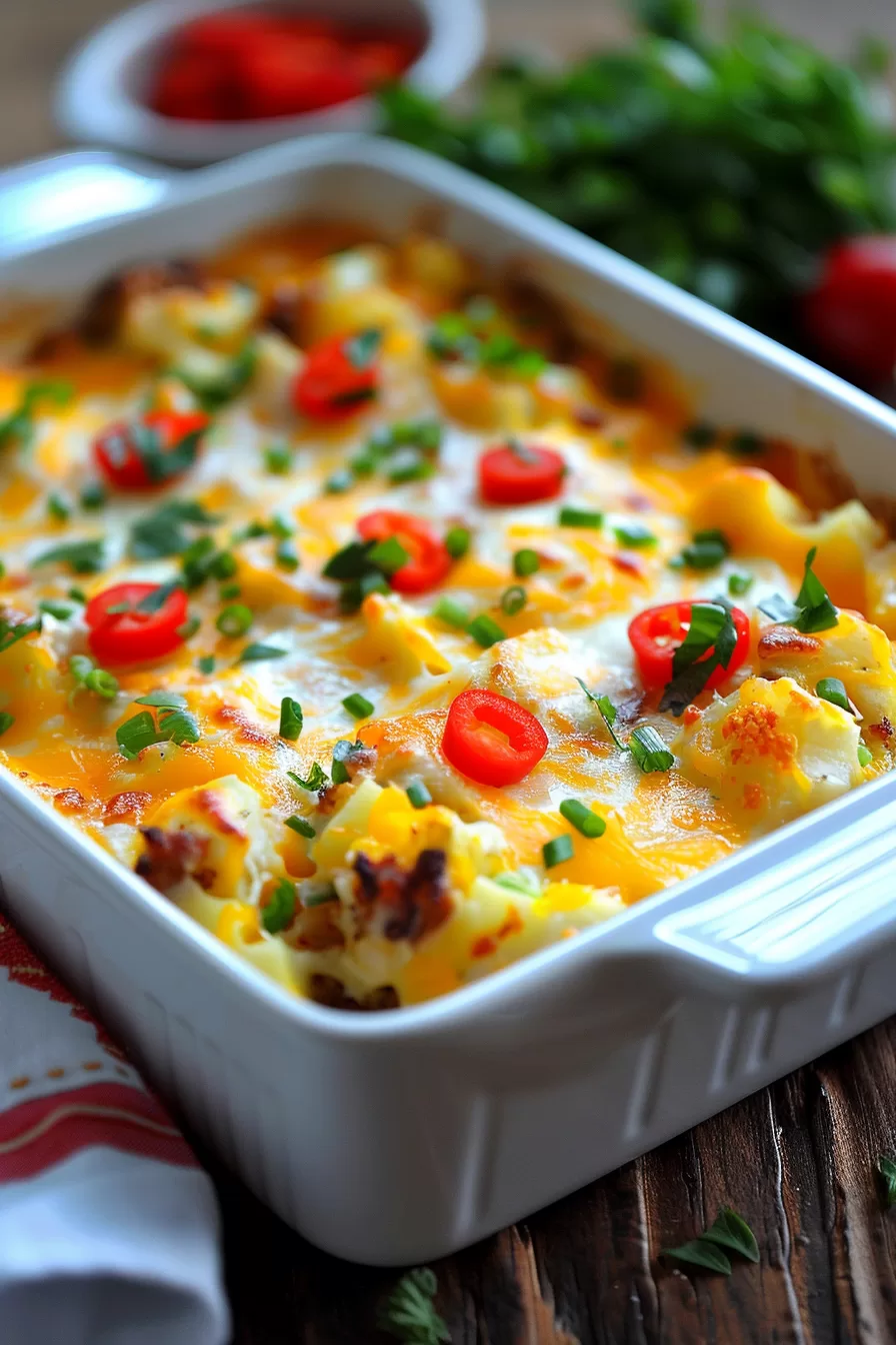 Freshly baked hash brown egg casserole in a white dish, with bubbly melted cheese and colorful garnishes.