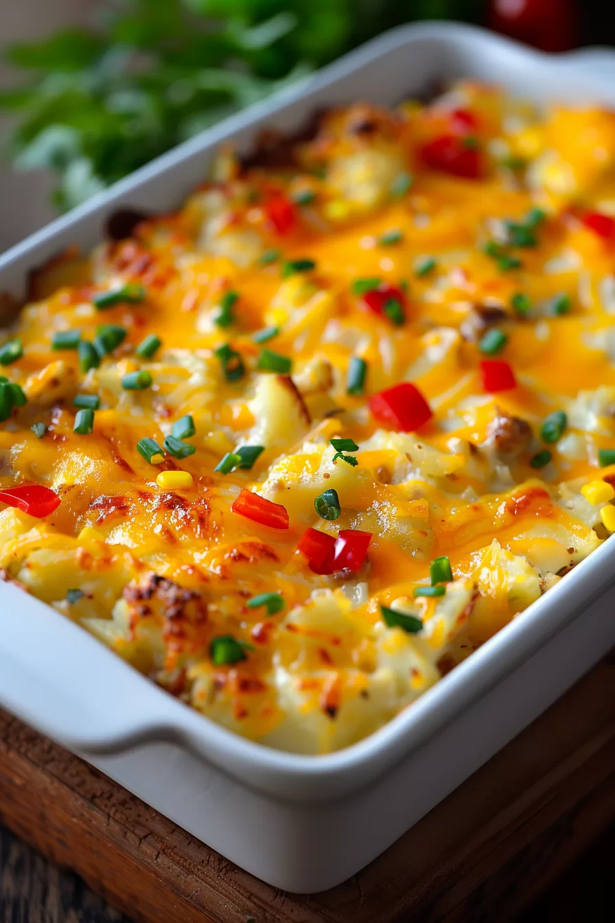 Side view of a hash brown and egg breakfast bake with layers of potatoes, eggs, and cheese, finished with a golden brown crust.