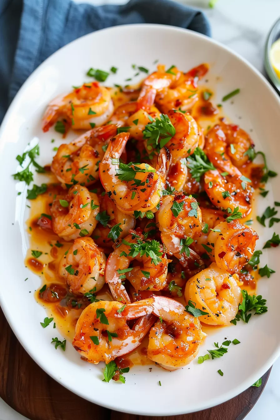 A platter of vibrant shrimp garnished with fresh parsley and served in a flavorful garlic sauce.