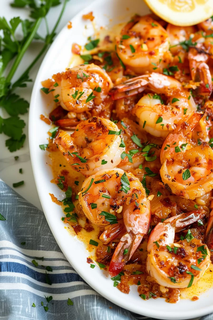 Golden-brown shrimp glistening with a rich garlic butter glaze, ready to be enjoyed.