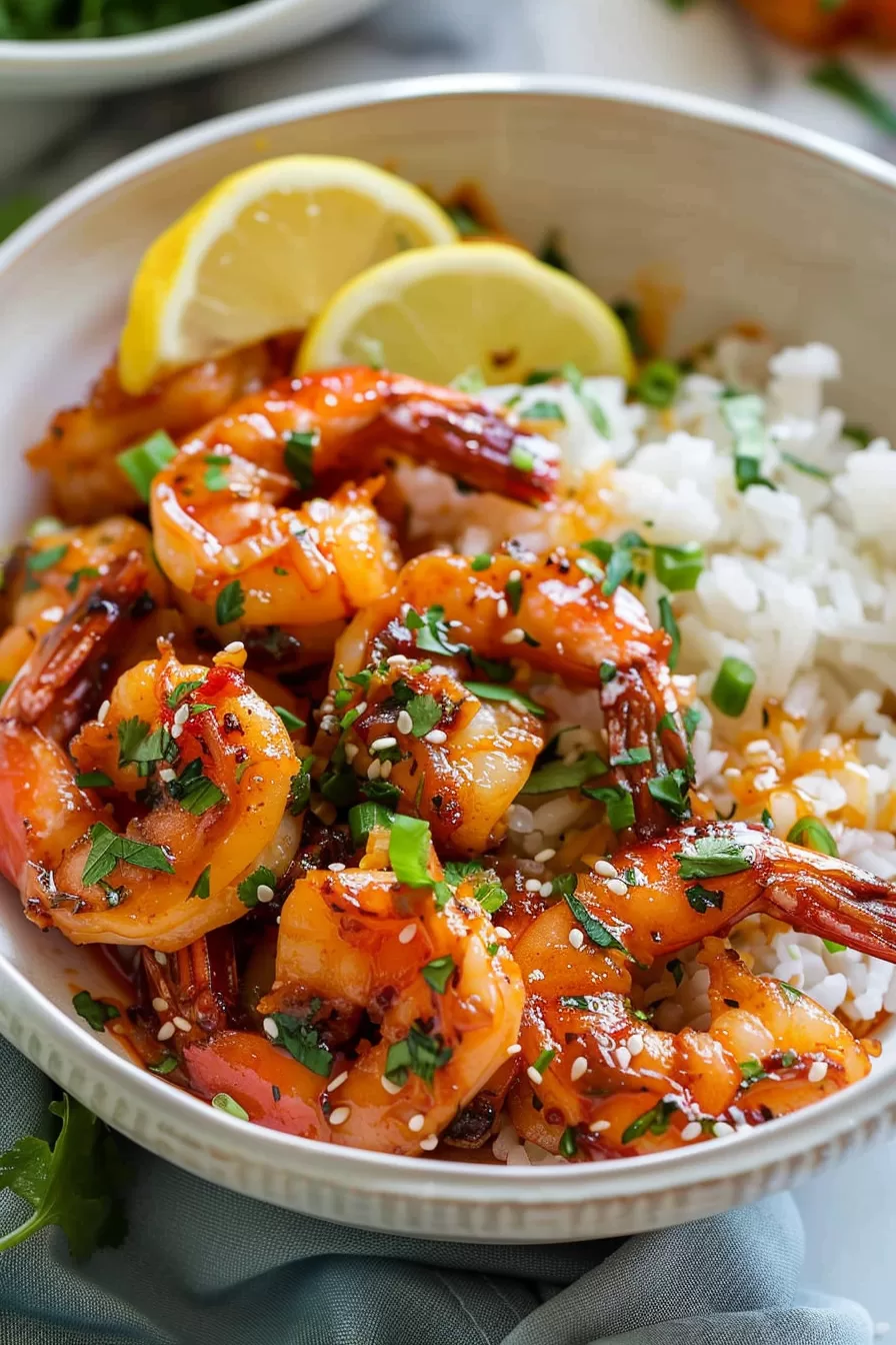 A close-up of shrimp infused with garlic and spices, perfect for a tropical-inspired meal.