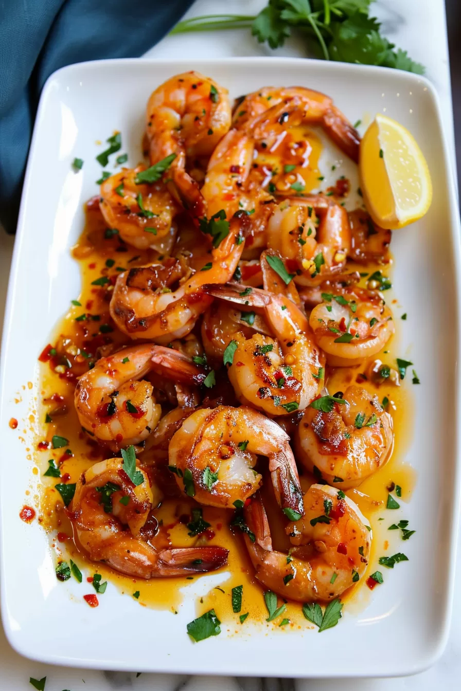 Juicy shrimp served over white rice, topped with fresh herbs and accompanied by lemon wedges.