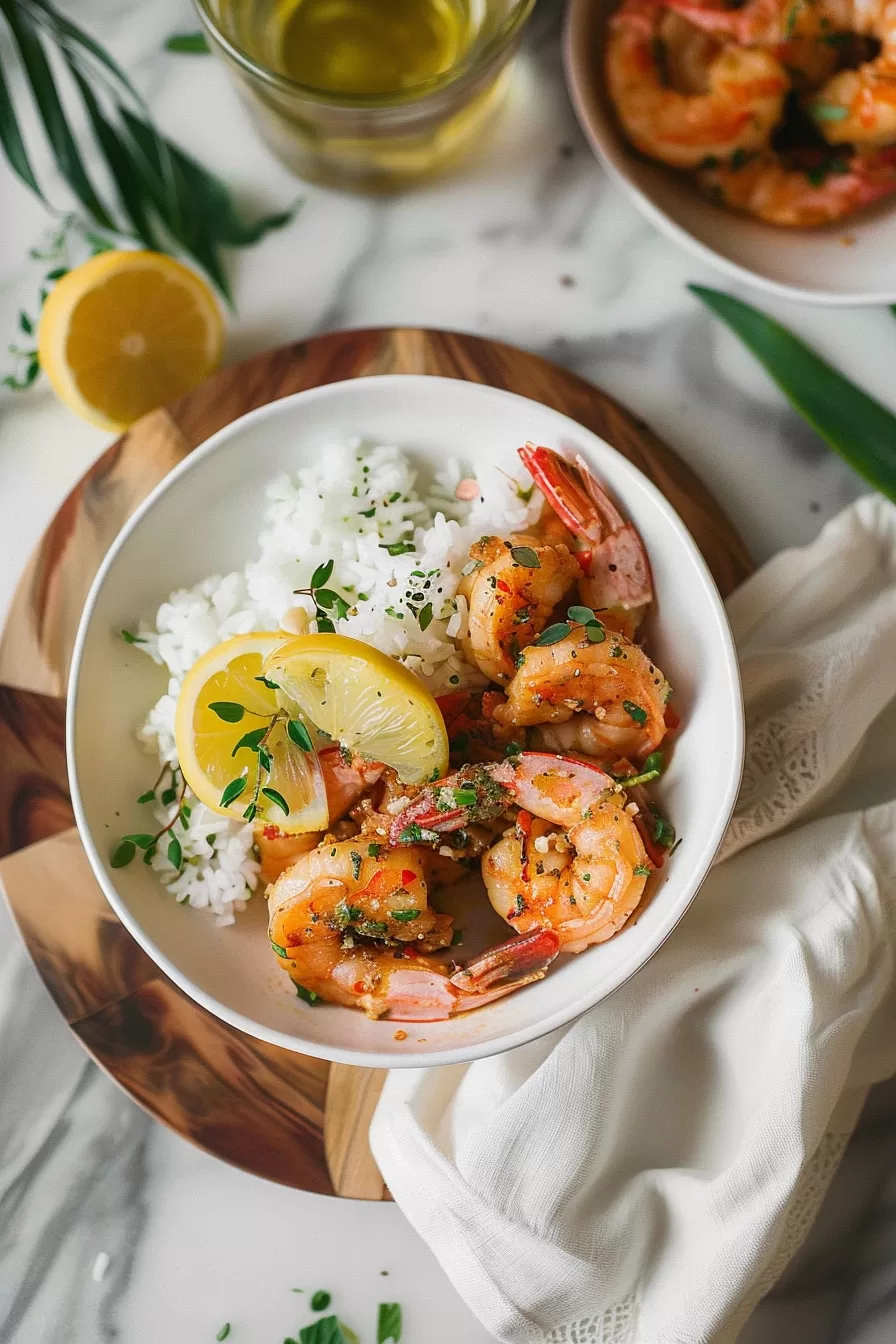 A plate of sautéed shrimp with crispy edges and a savory garlic drizzle, garnished with herbs.