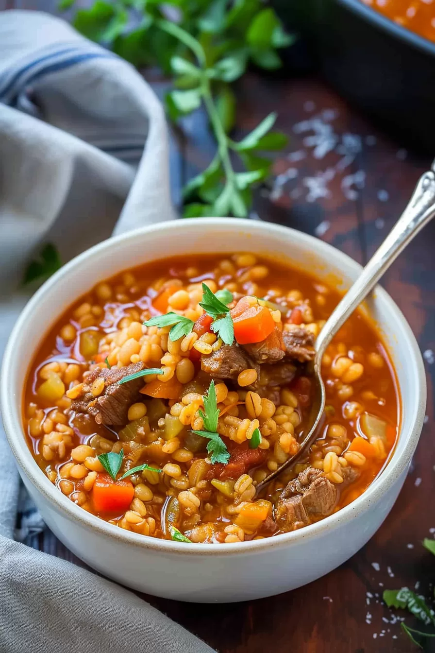 A close-up of a steaming bowl filled with beef barley soup, showing tender chunks of beef, sliced carrots, and barley grains garnished with fresh parsley.