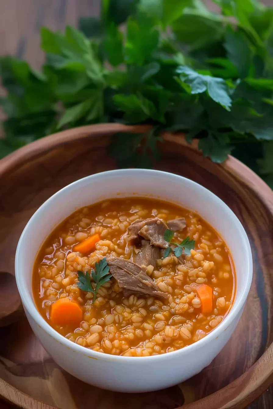 A white ceramic bowl filled with beef barley soup, showcasing vibrant orange carrots, pearl barley, and rich broth with beef pieces, served on a wooden table.