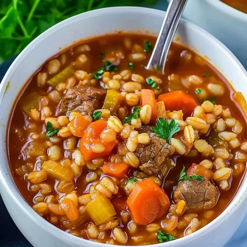 A spoon scooping a hearty serving of beef barley soup from a bowl, highlighting the beef chunks, barley grains, and vegetables in a rich tomato-based broth.