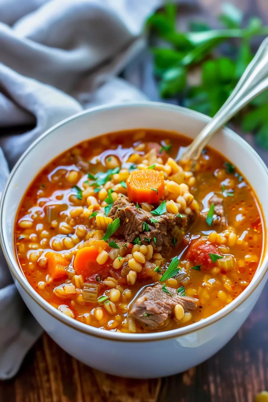 A cozy bowl of beef barley soup garnished with fresh herbs, featuring tender beef, pearl barley, and carrots, perfect for a comforting meal.