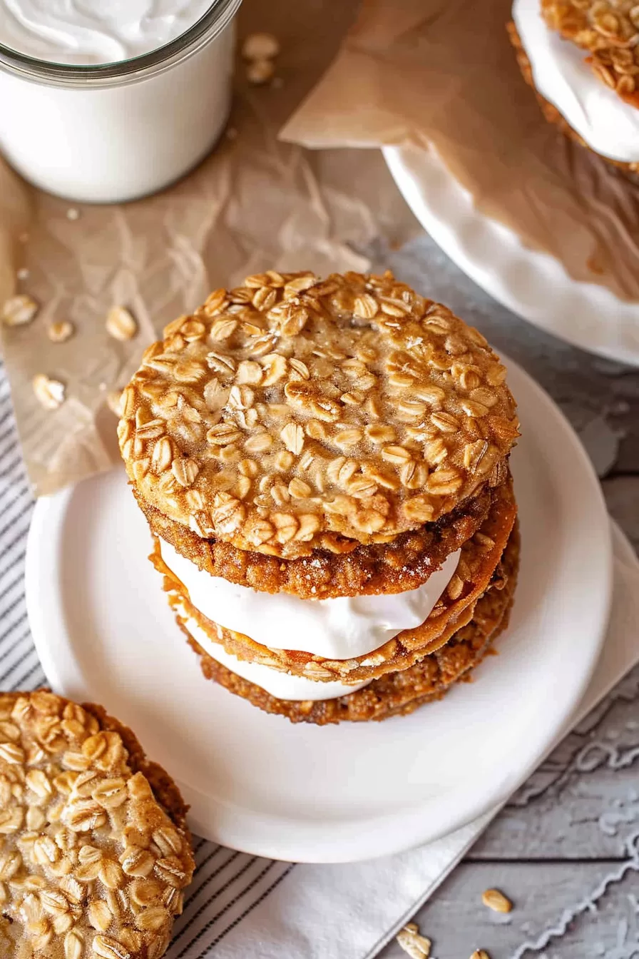 A stack of homemade oatmeal cream pies with a thick marshmallow filling, served on a white plate with a glass of milk in the background.