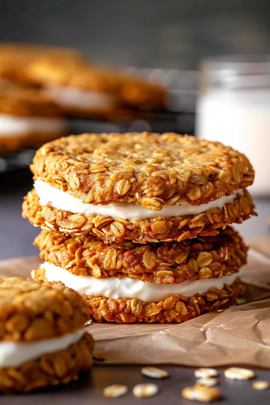 Homemade oatmeal cream pies, with the soft filling peeking out between the oat-packed cookies.