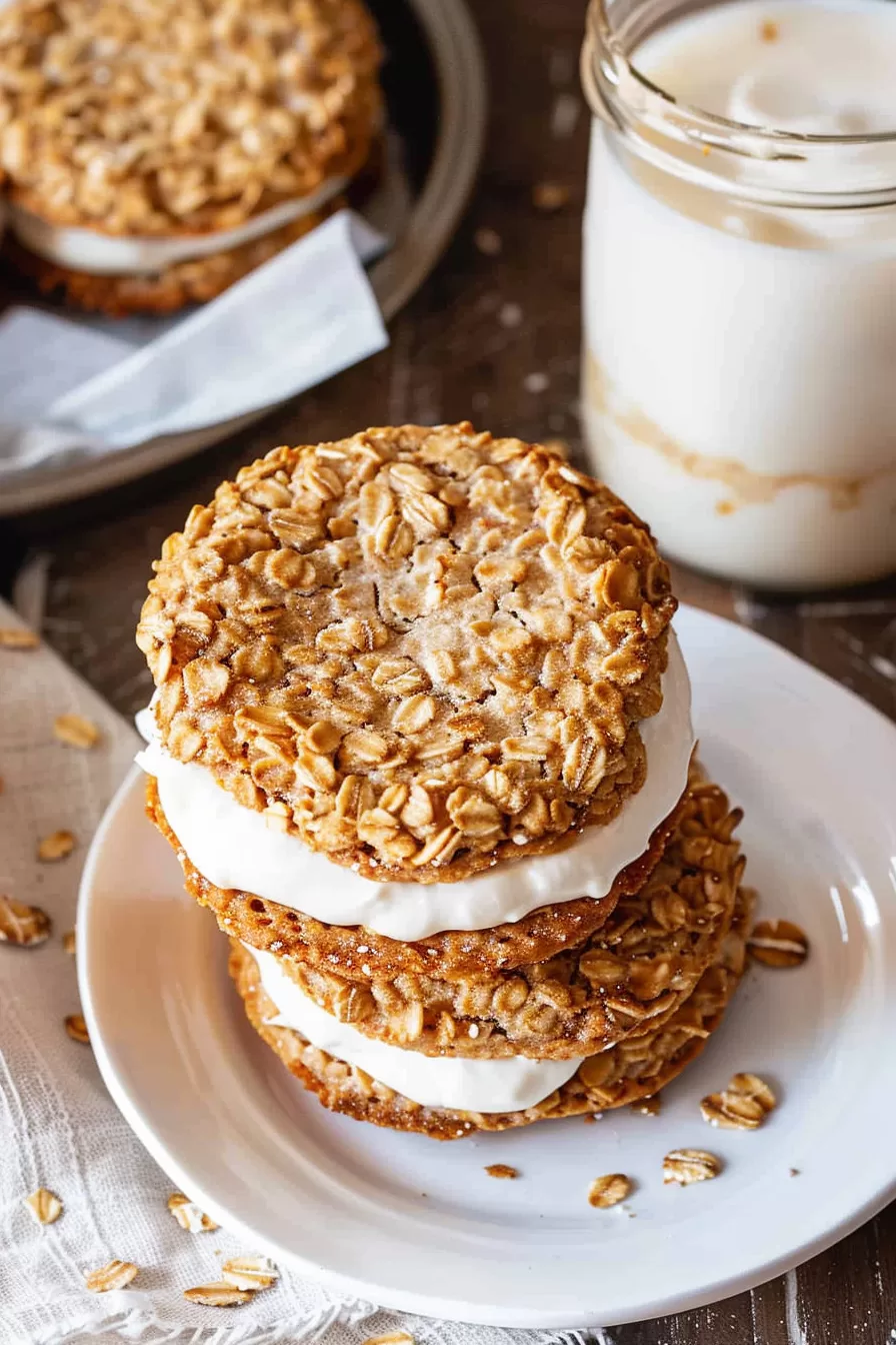 Golden brown oatmeal cream pies with visible oats, layered with fluffy white filling, placed on a rustic wooden table.