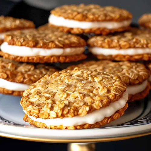 Close-up of chewy oatmeal cookies sandwiching a creamy white filling, stacked high and surrounded by scattered oats.