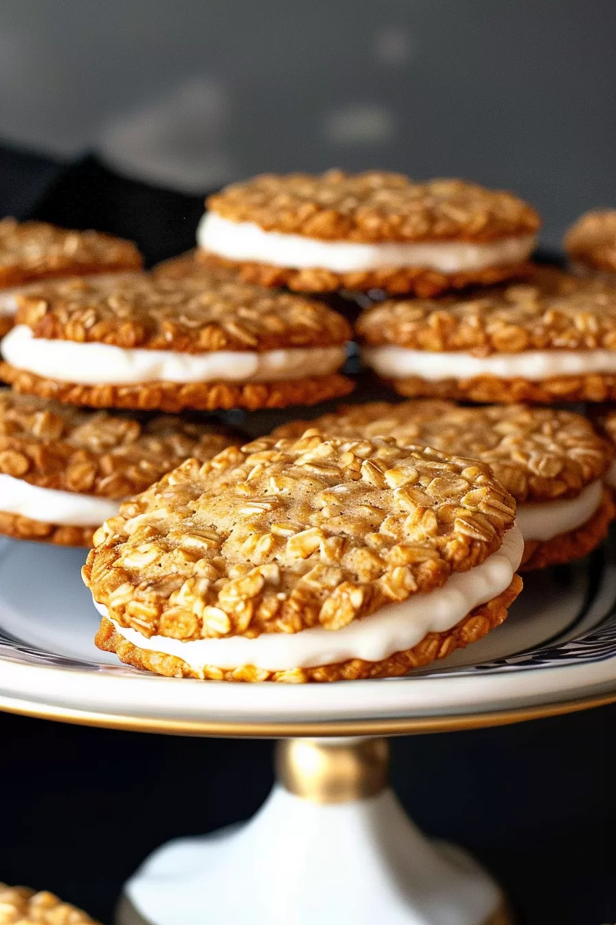 Close-up of chewy oatmeal cookies sandwiching a creamy white filling, stacked high and surrounded by scattered oats.