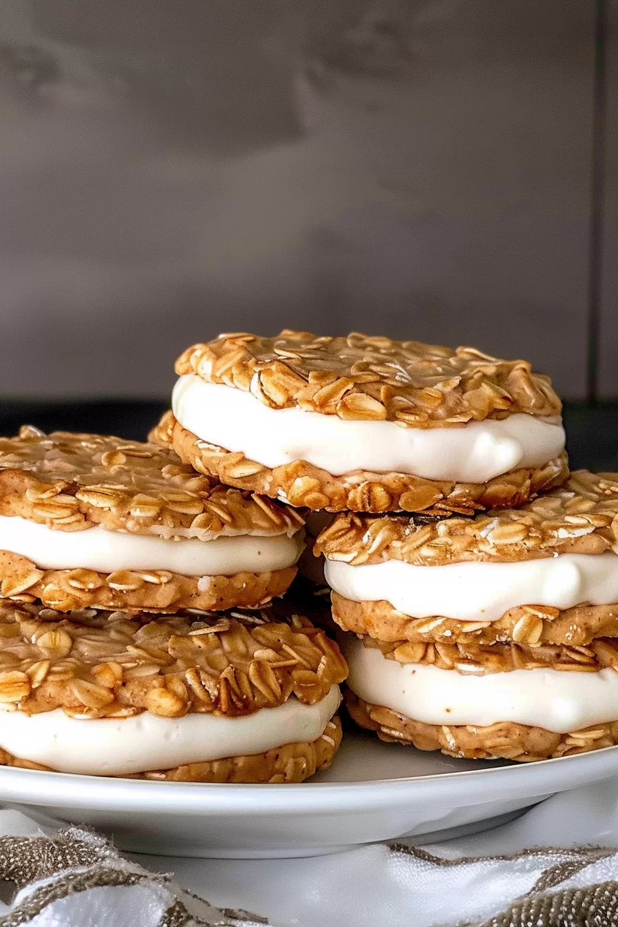 A plate of freshly baked oatmeal cream pies with gooey marshmallow filling, perfect for sharing at family gatherings.