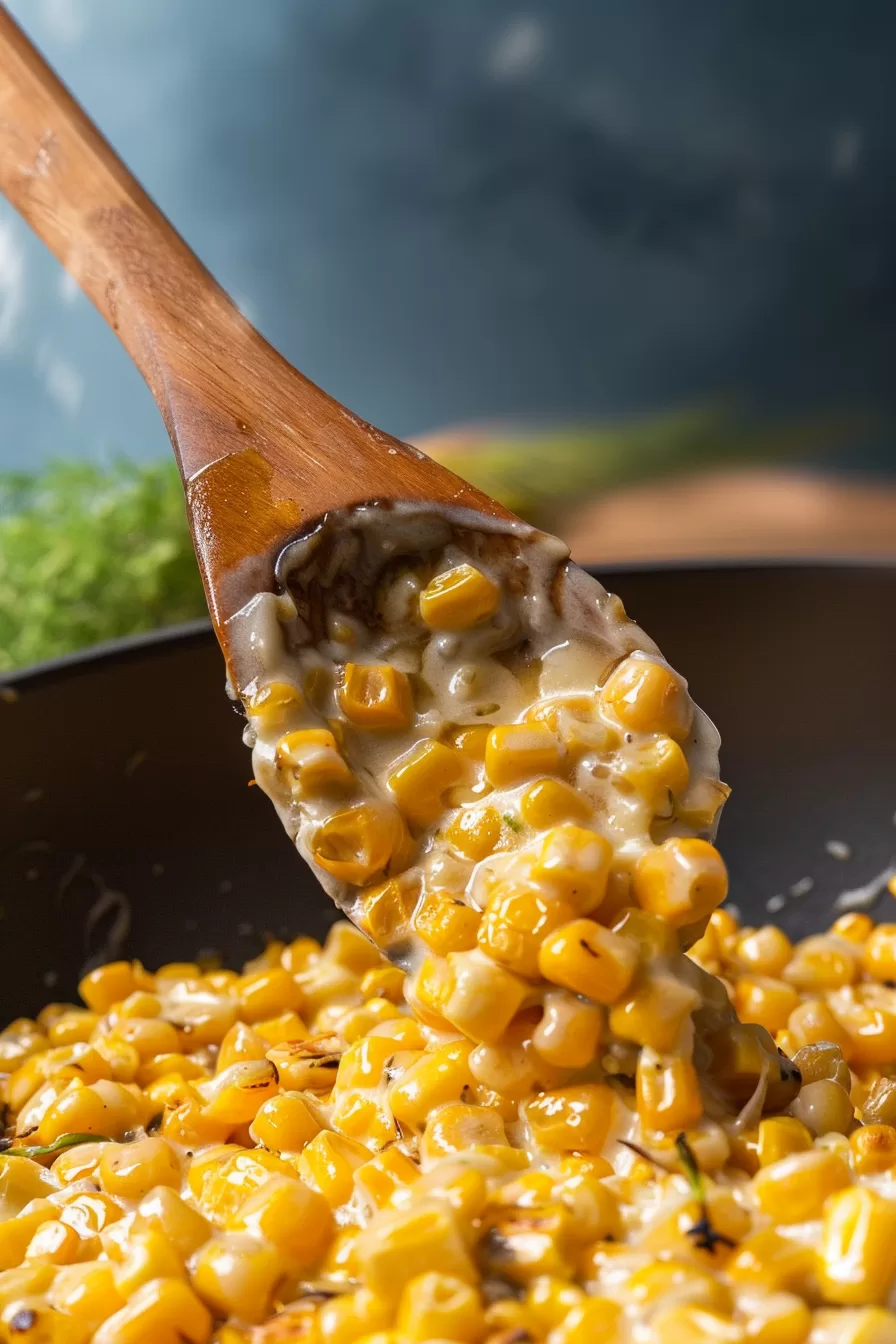 A wooden spoon scooping up a portion of buttery corn with a rich, glossy finish.