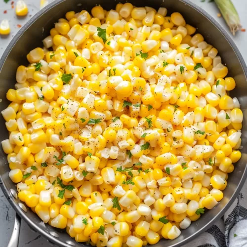 Overhead view of a bowl brimming with sweet corn cooked in a honey butter sauce, sprinkled with black pepper and parsley.