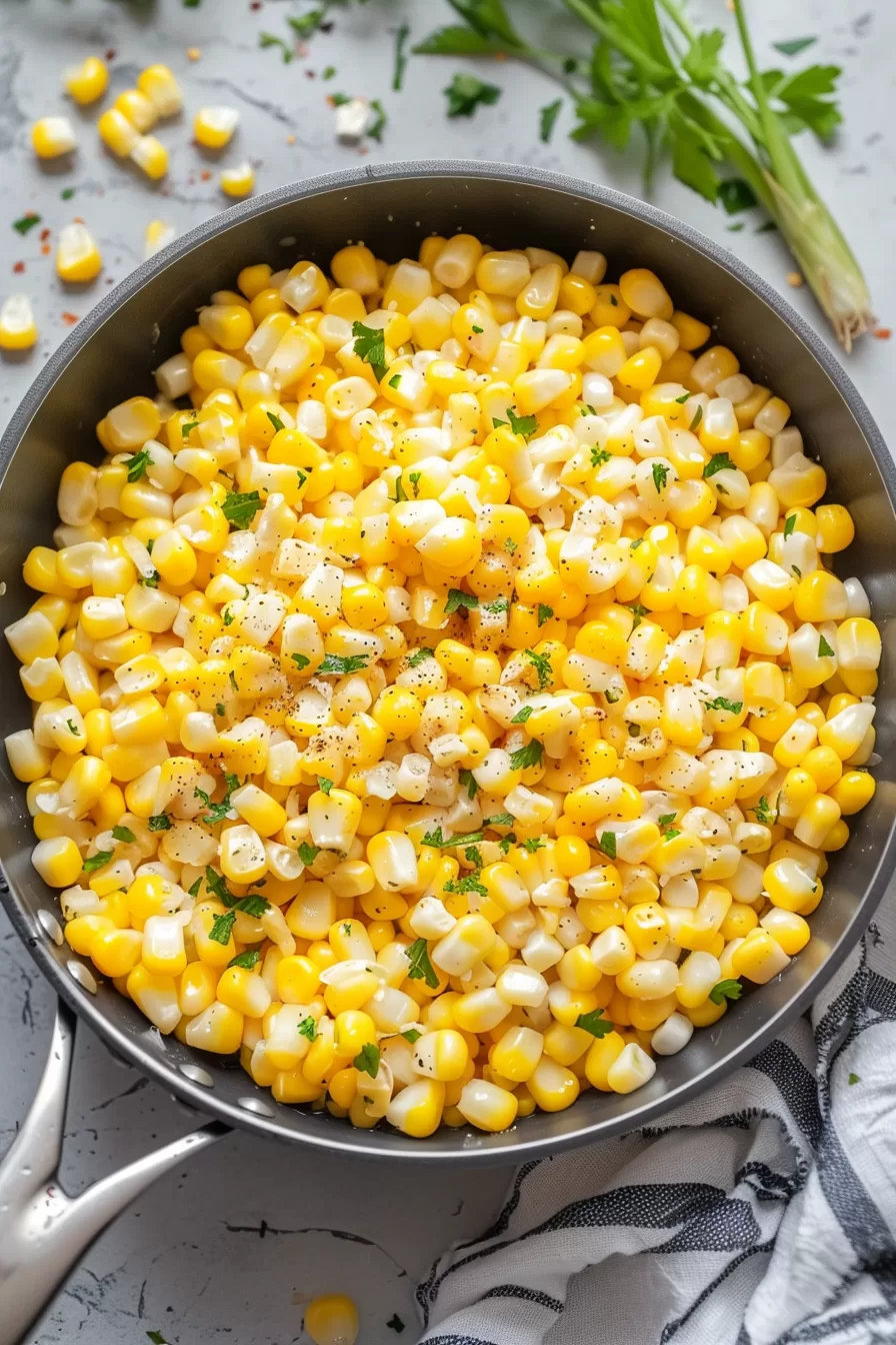 Overhead view of a bowl brimming with sweet corn cooked in a honey butter sauce, sprinkled with black pepper and parsley.