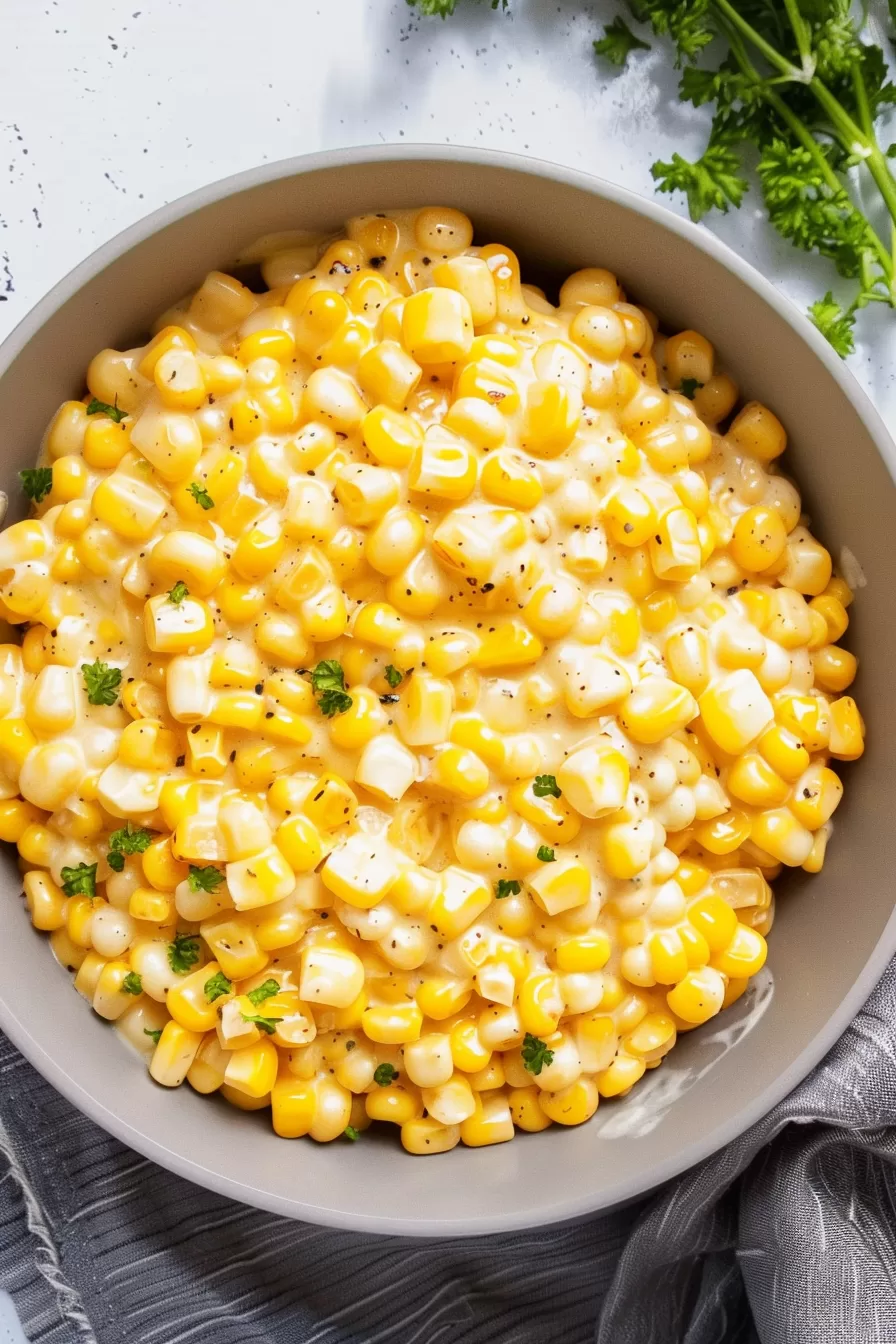 A skillet filled with yellow and white corn kernels mixed with a smooth, melted butter glaze, garnished with fresh herbs.