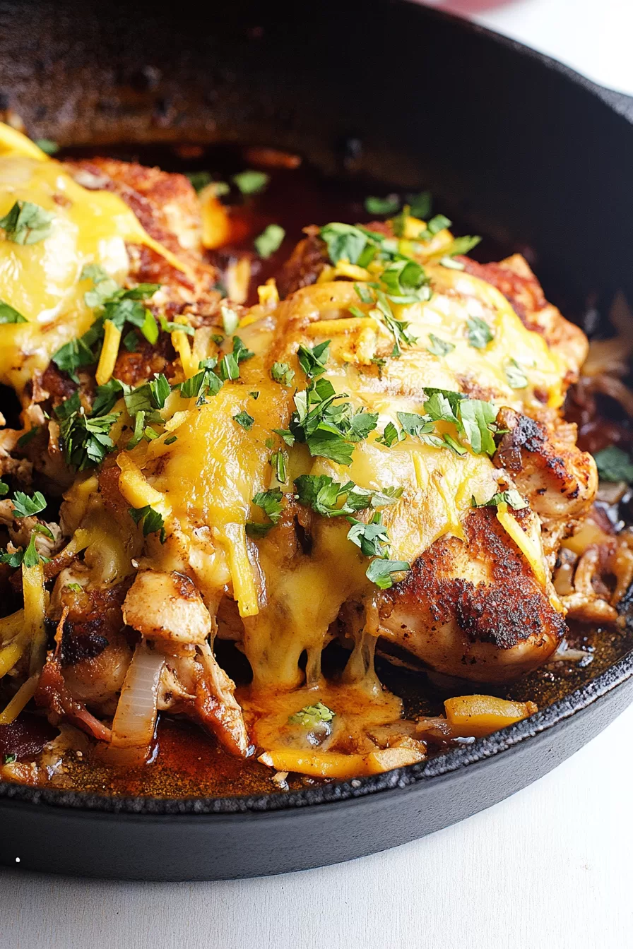 Close-up of seasoned chicken breasts smothered with melted cheese and fresh herbs in a cast iron skillet.