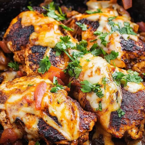 Golden, cheesy chicken in a rich sauce, garnished with chopped cilantro for a burst of color.