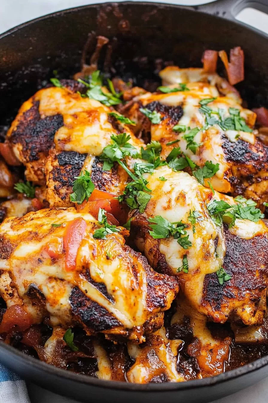 Golden, cheesy chicken in a rich sauce, garnished with chopped cilantro for a burst of color.