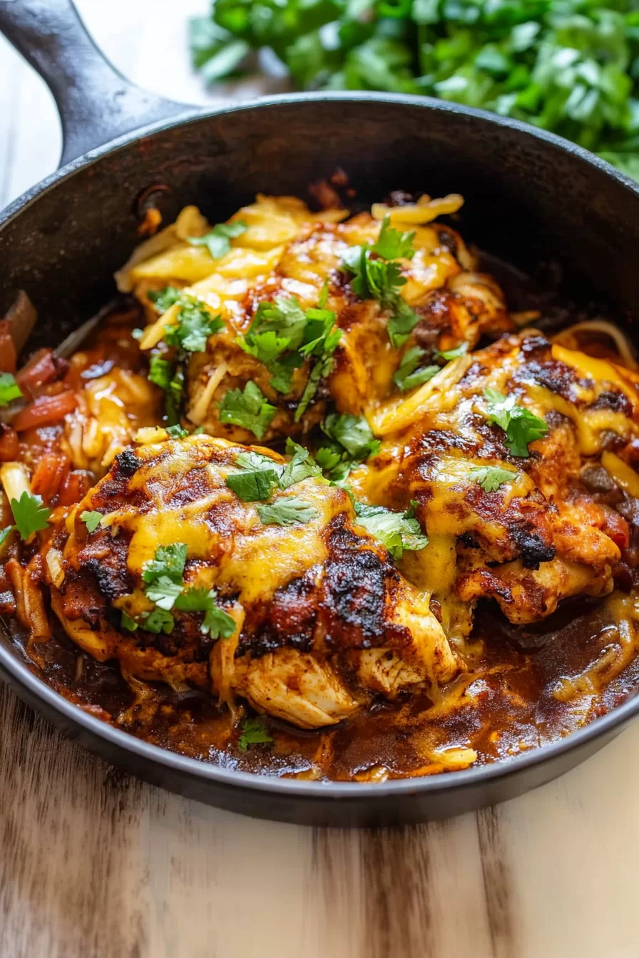 A cast iron skillet filled with crispy blackened chicken, gooey melted cheese, and sautéed vegetables.