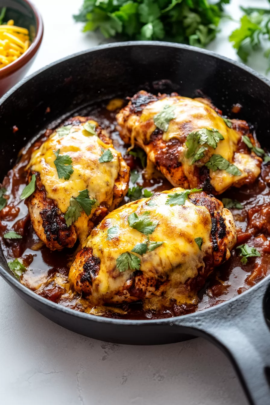 Cheesy chicken with caramelized onions and herbs served straight from the pan, ready for a hearty meal.