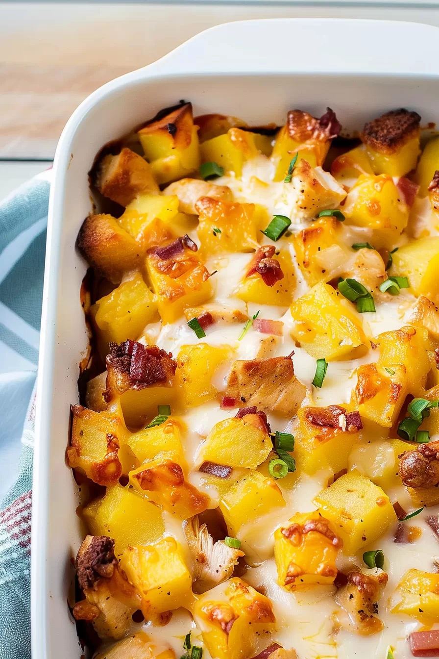 Close-up of a cheesy chicken and potato bake topped with crispy bacon and green onions, served in a white casserole dish.