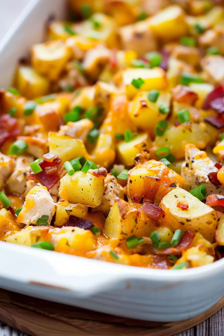 Golden roasted potatoes and chunks of chicken layered with melted cheese, crispy bacon bits, and fresh green onions in a white dish.