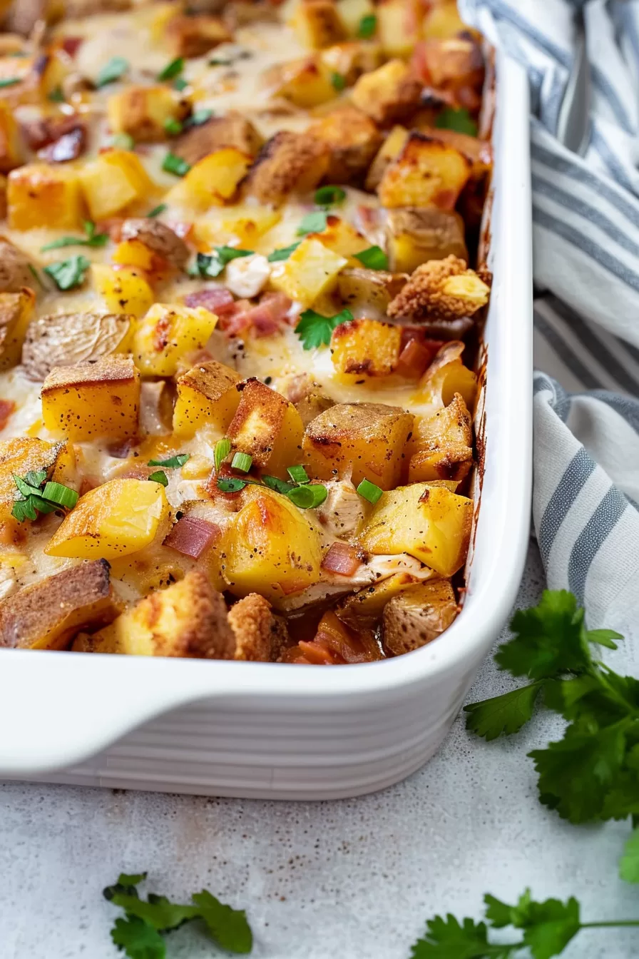 A comforting chicken and potato casserole with melted cheese, crispy bacon pieces, and vibrant green onions.