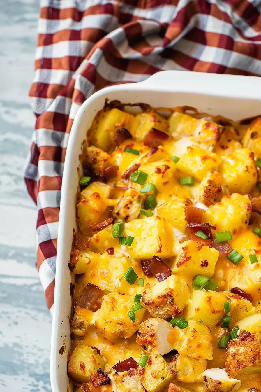 Savory chicken and potato casserole with golden-brown roasted potatoes, cheese, bacon, and fresh herbs served in a ceramic dish.