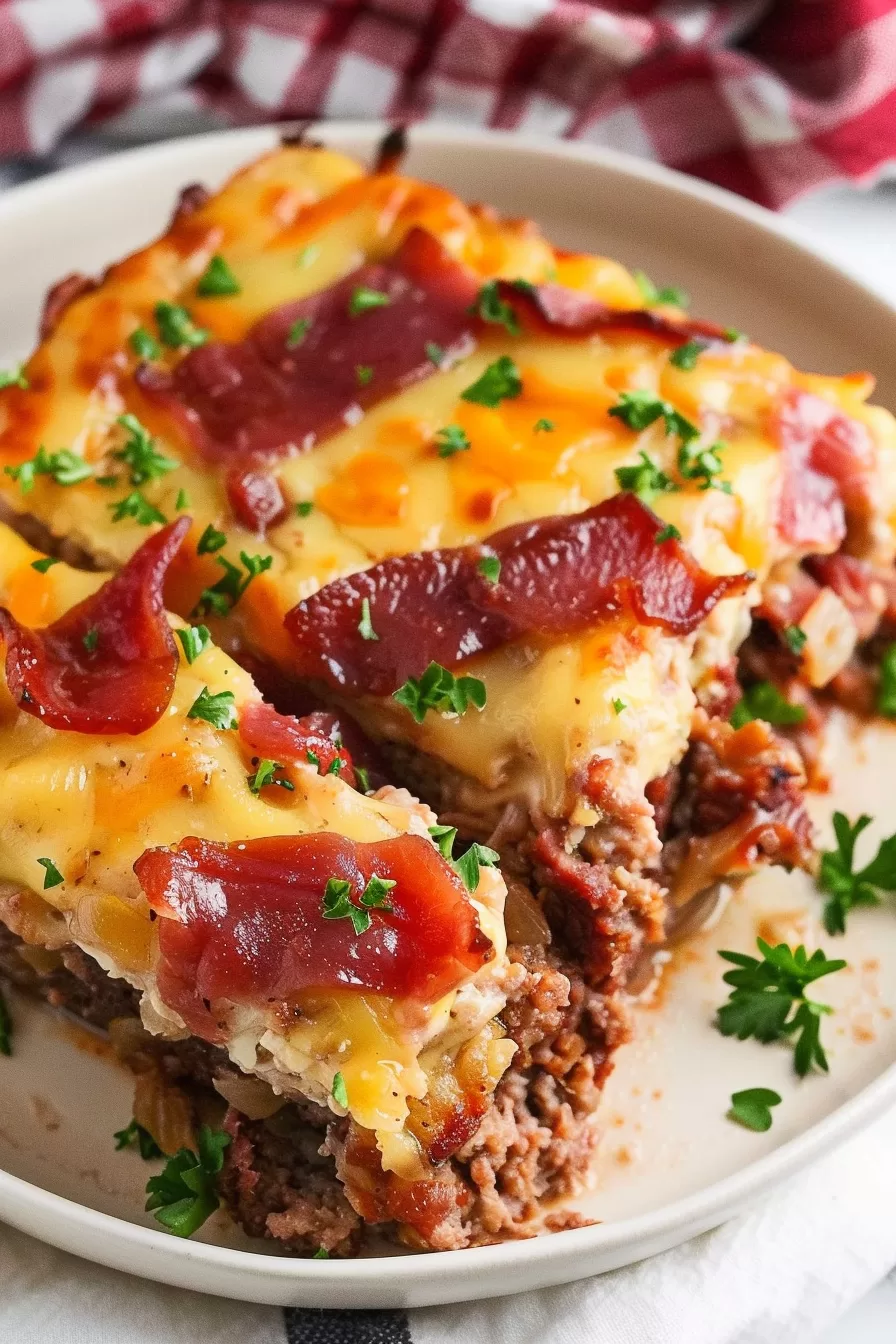 Baked meatloaf casserole in a white dish with golden melted cheese, crispy bacon pieces, and freshly chopped parsley sprinkled across the top.