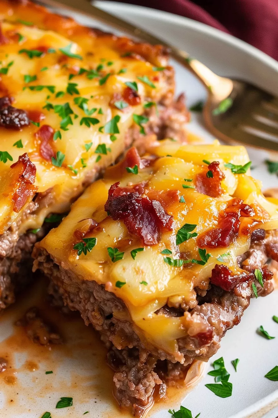 A slice of cheesy mashed potato meatloaf casserole with crispy bacon bits and fresh parsley on top, served on a white plate.