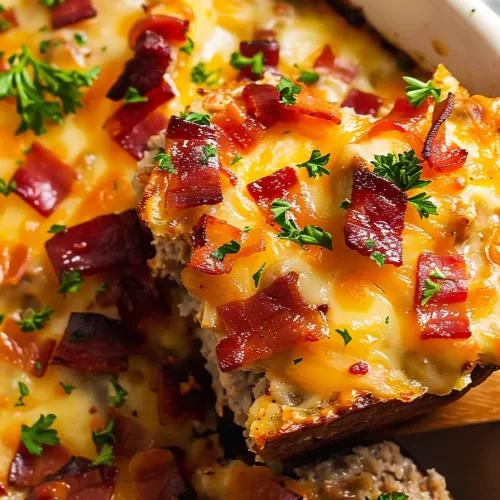 A fork slicing into a loaded mashed potato casserole revealing seasoned ground beef, creamy mashed potatoes, and bubbling cheese.