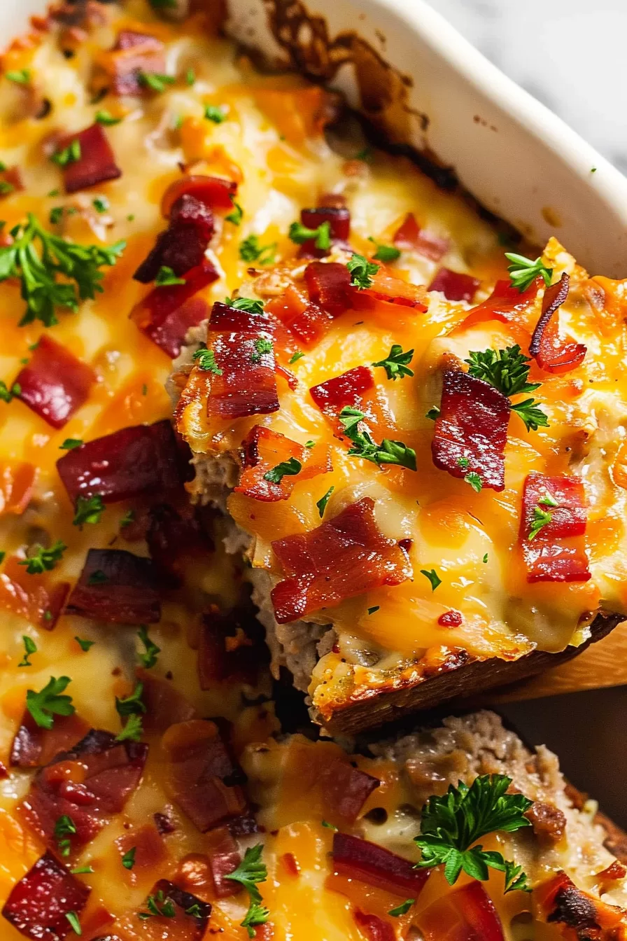 A fork slicing into a loaded mashed potato casserole revealing seasoned ground beef, creamy mashed potatoes, and bubbling cheese.