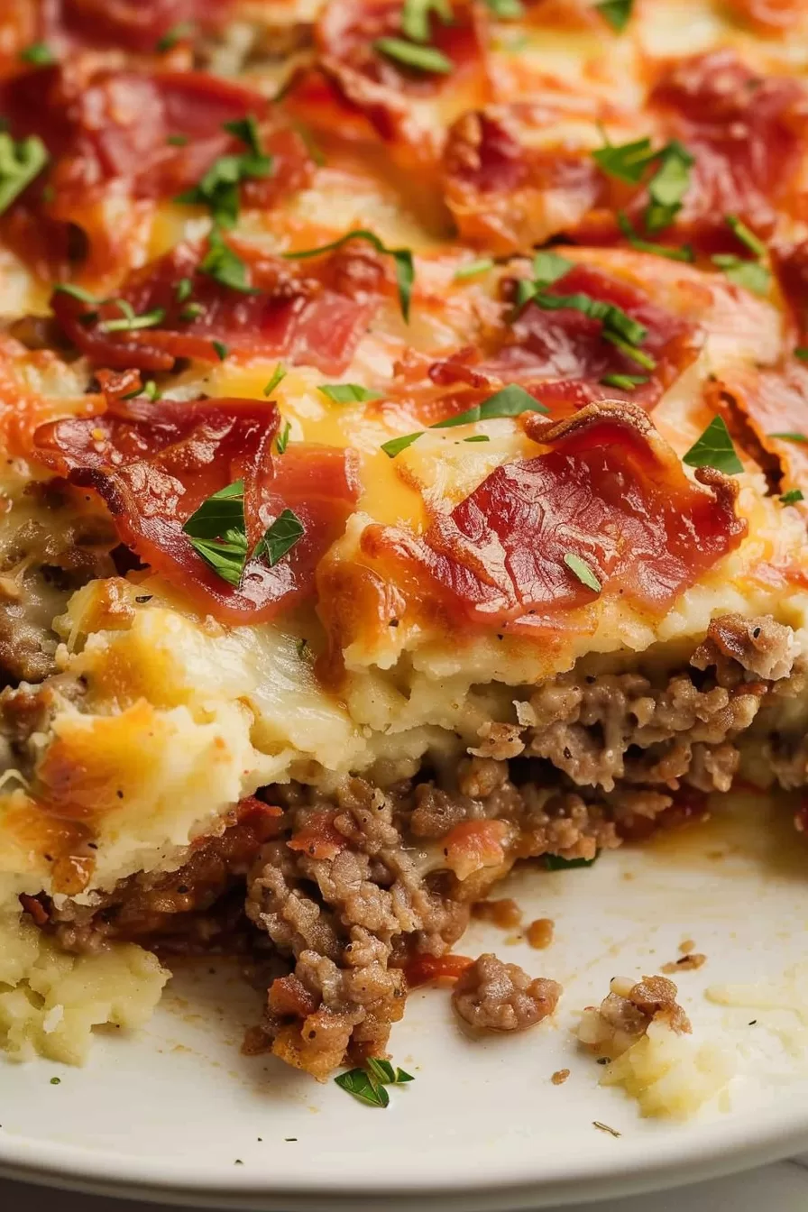 Close-up of a hearty casserole slice layered with mashed potatoes, melted cheddar cheese, and ground beef, garnished with chopped herbs.