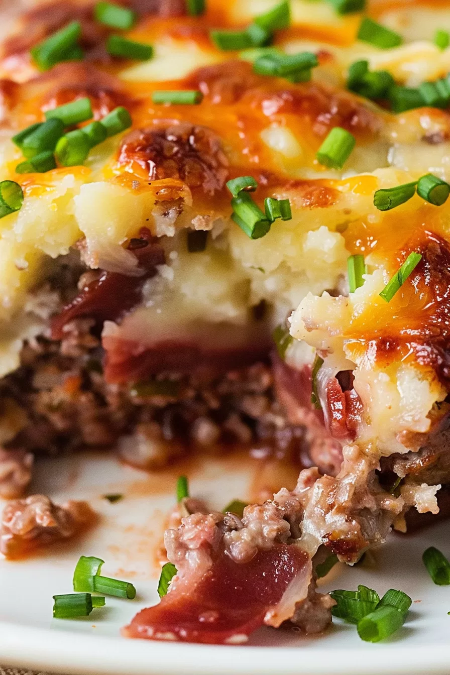 A partially eaten slice of mashed potato meatloaf casserole showcasing layers of meat, potatoes, cheddar cheese, and crispy bacon.