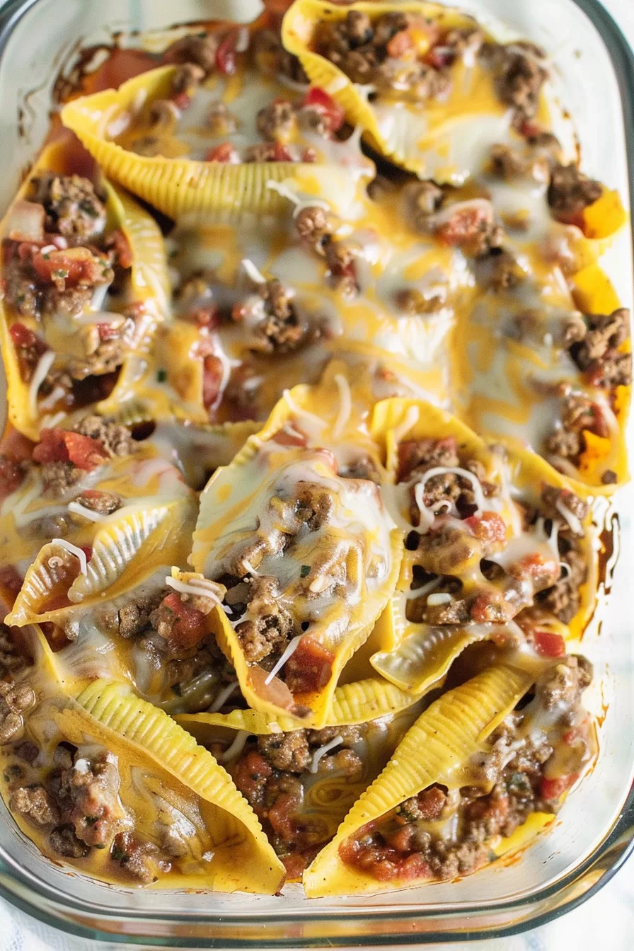 Close-up of pasta shells filled with seasoned ground beef and melted cheese, garnished with fresh cilantro and diced tomatoes.