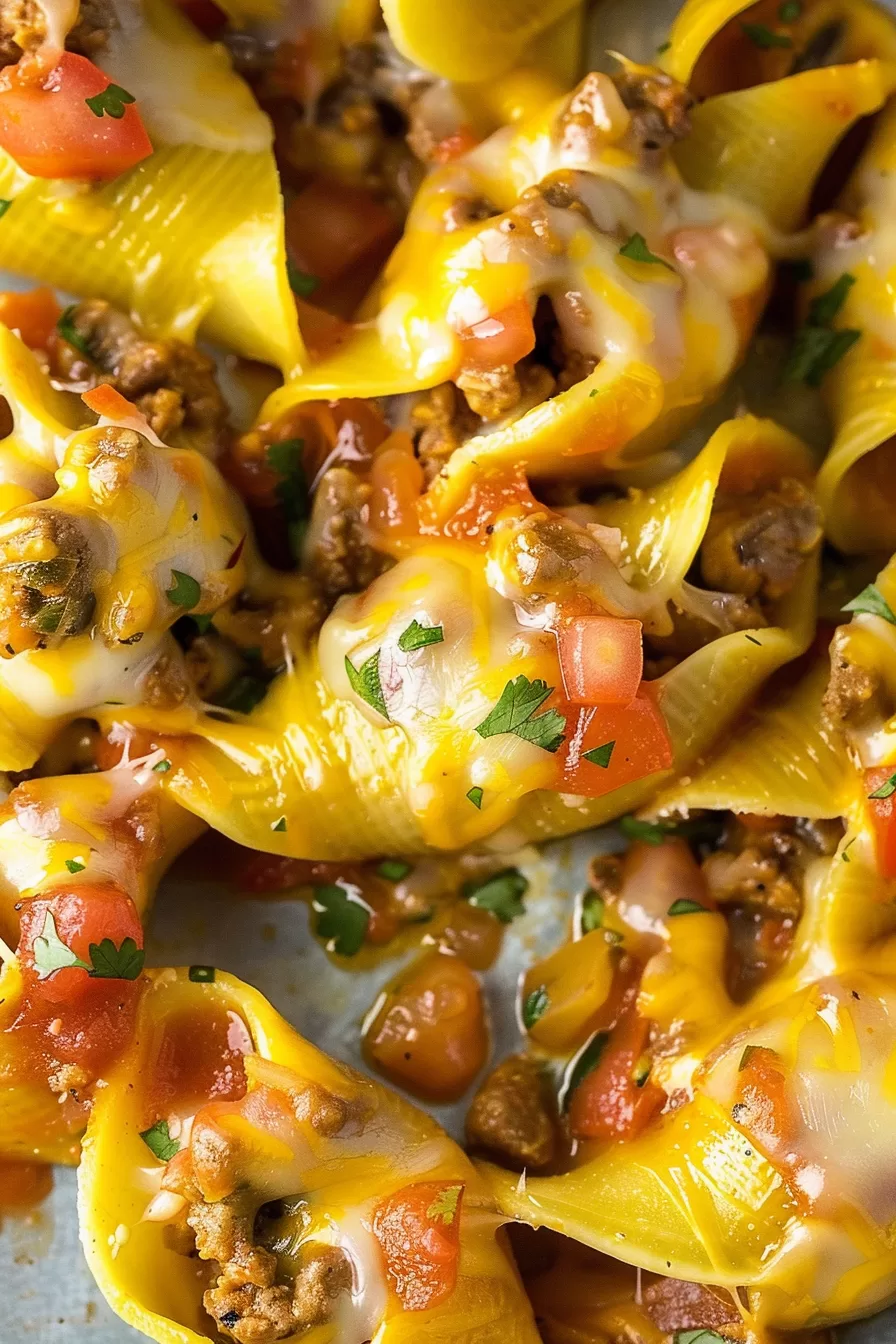 A casserole dish filled with baked pasta shells, topped with gooey melted cheese and rich tomato sauce.