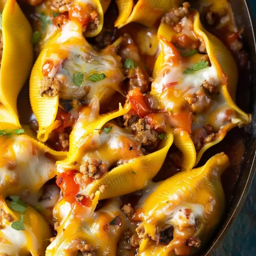 Jumbo pasta shells stuffed with ground beef, melted cheddar, and Mexican spices, fresh from the oven.