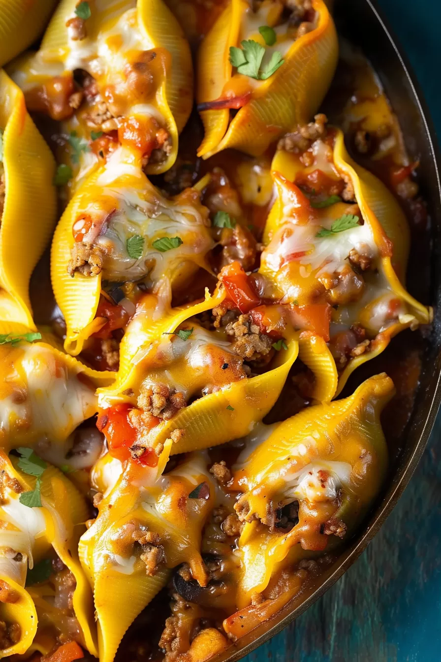 Jumbo pasta shells stuffed with ground beef, melted cheddar, and Mexican spices, fresh from the oven.