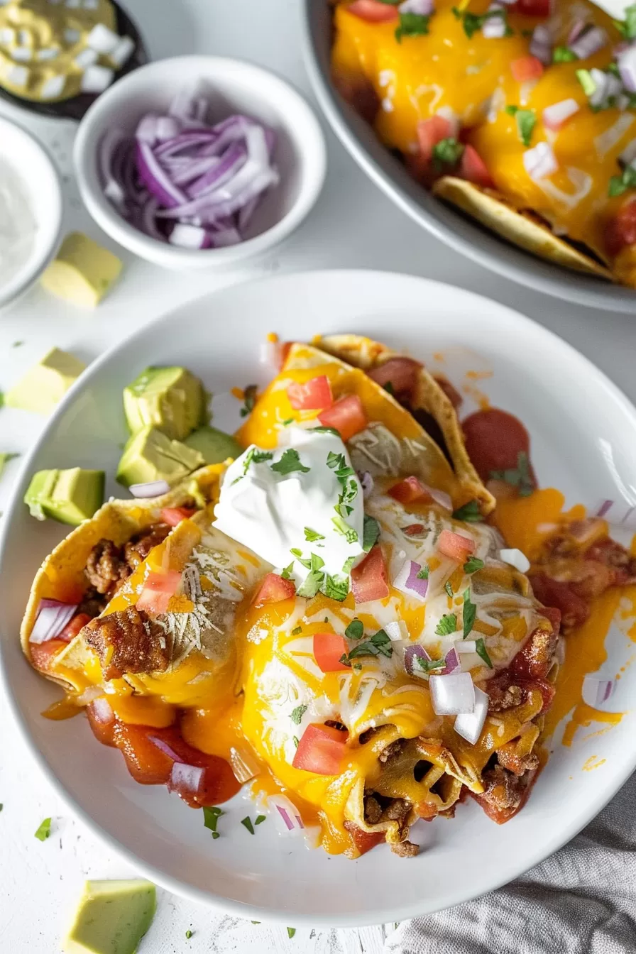 Plated Mexican stuffed pasta shells topped with sour cream, avocado, and diced tomatoes, served with a side of red onions.