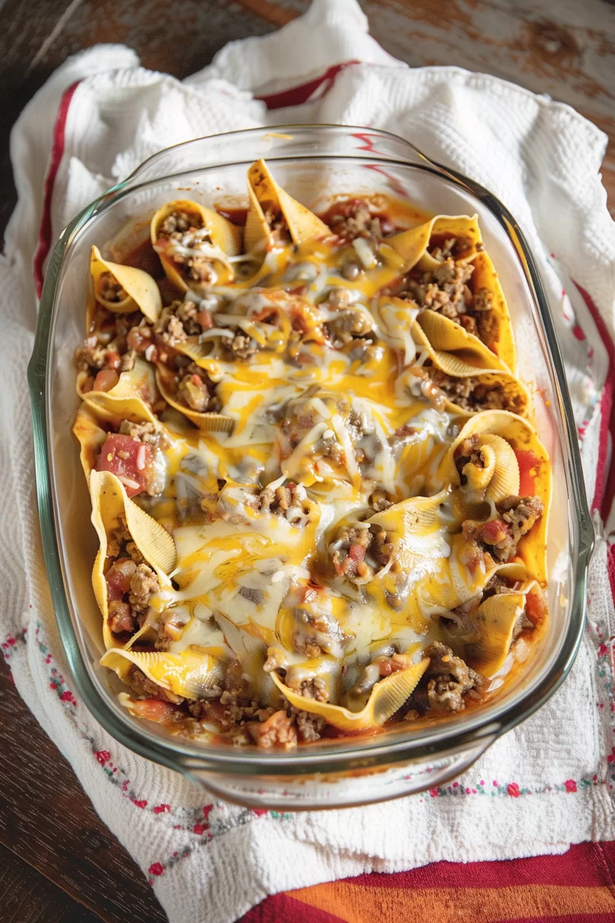 Golden pasta shells packed with taco-seasoned meat and cheese, baked to perfection in a glass dish.