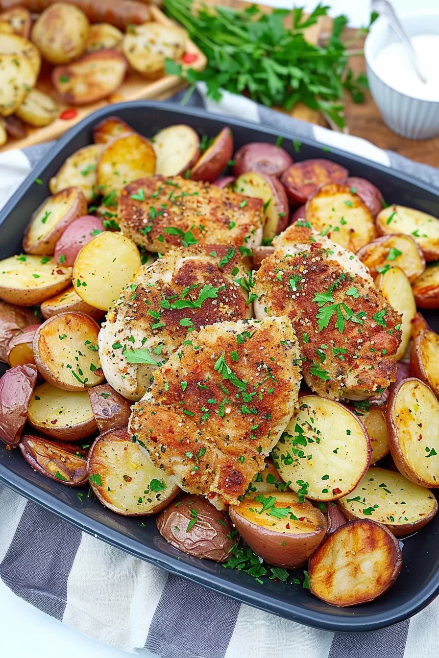 Golden-brown pork chops paired with a vibrant medley of roasted red and yellow potatoes, garnished with fresh parsley.