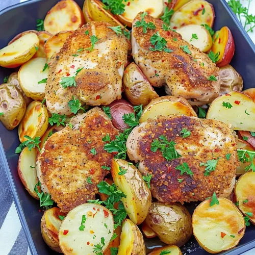 Close-up of crispy pork chops resting on a bed of seasoned and roasted baby potatoes, perfect for a comforting meal.