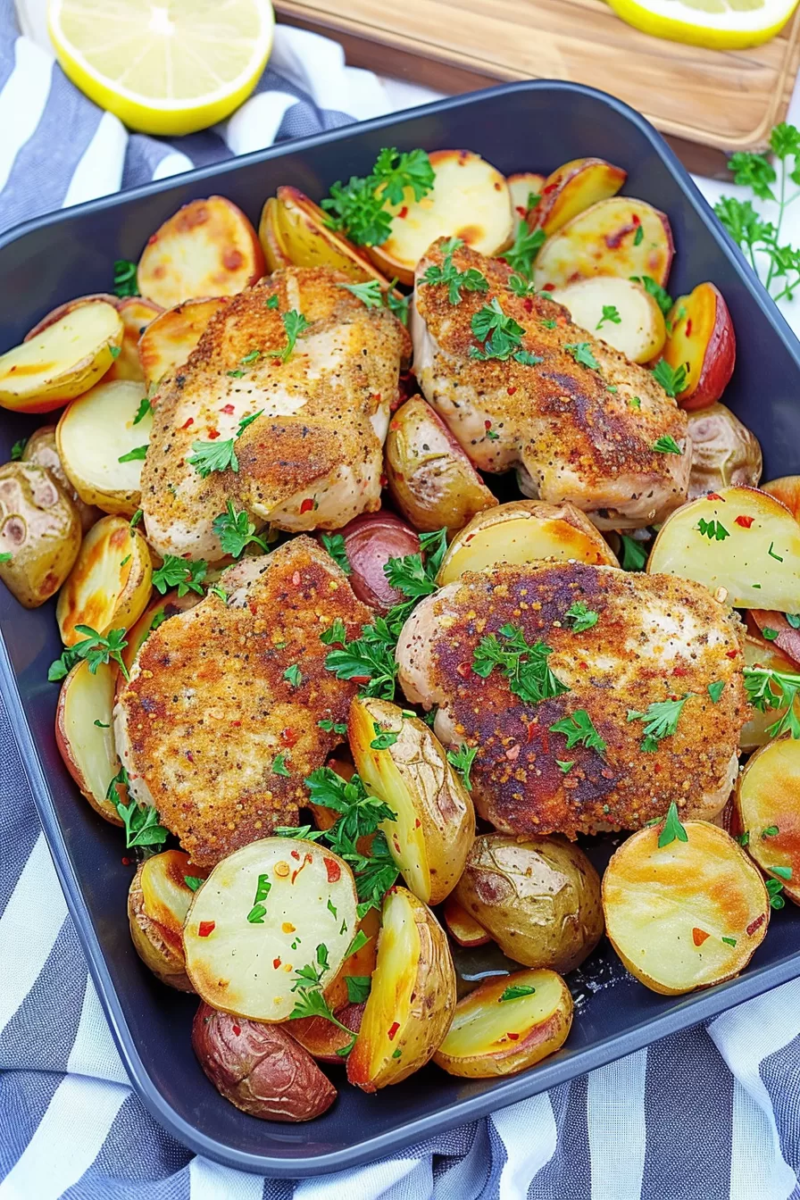 Close-up of crispy pork chops resting on a bed of seasoned and roasted baby potatoes, perfect for a comforting meal.